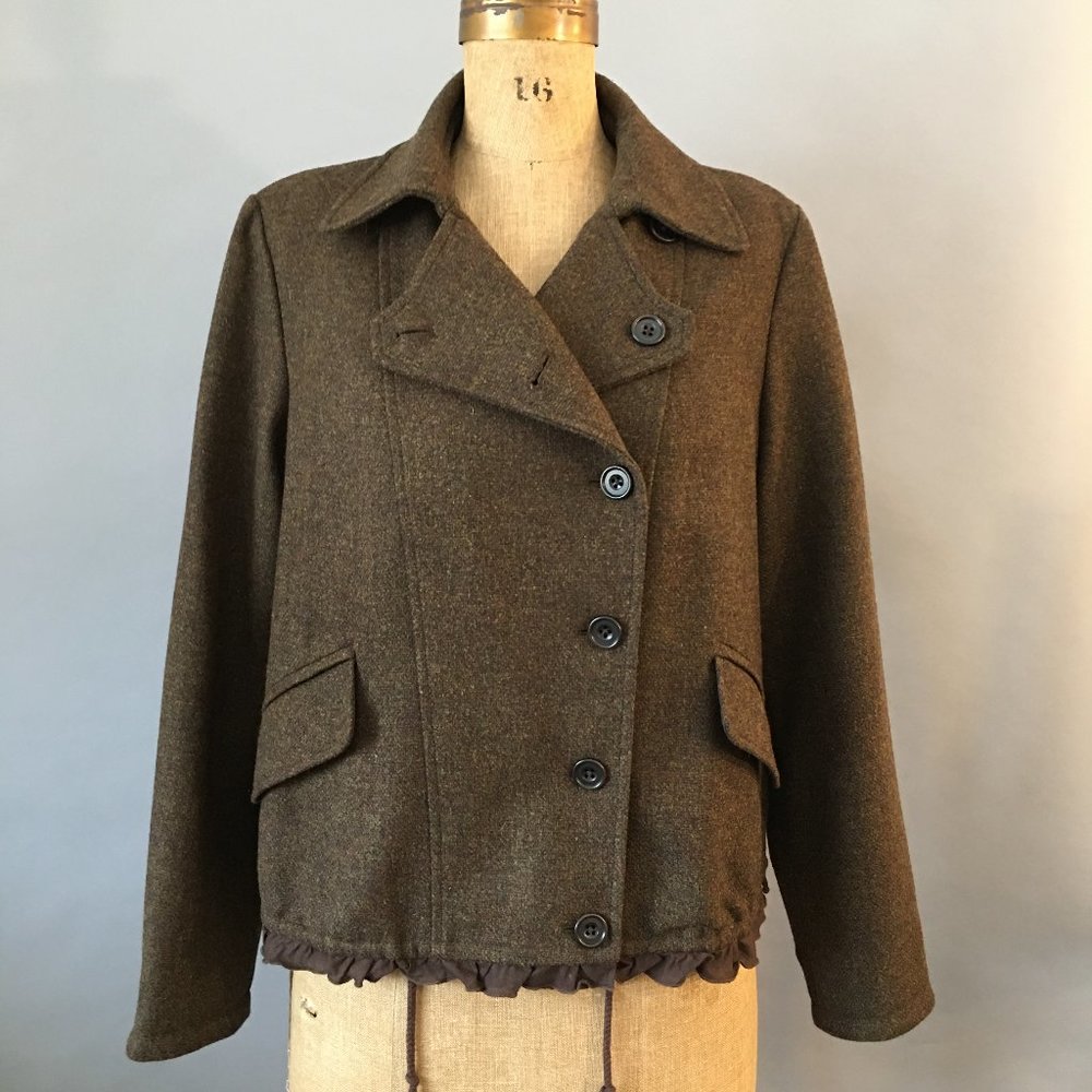 GAP Military Style Brown Wool Tweed Bomber Style Jacket, Ruffled Hem, Size Large